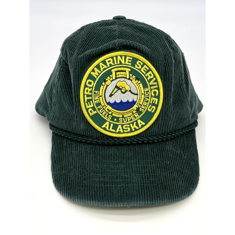Vintage KC Petro Marine Alaska Hat OSFM Green Corduroy Rope Brim Snapback Cap